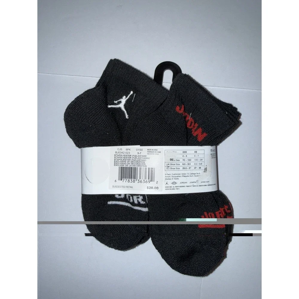 Jordan Boys Ankle Socks 6 Pack Black Cushioned Jumpman School Kids Footwear NWT